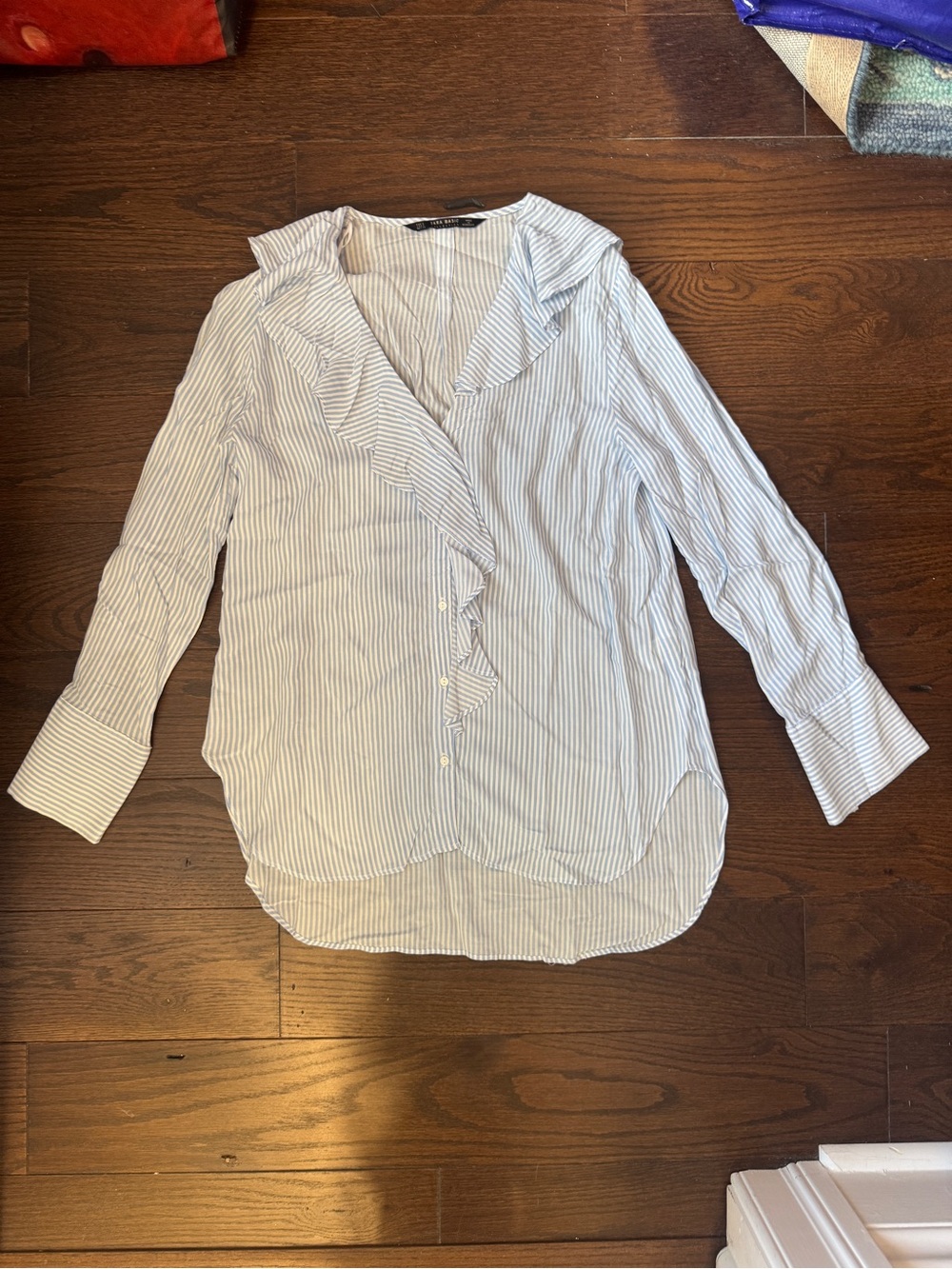 Zara Light Blue and White Striped Ruffle-Front Button Down
